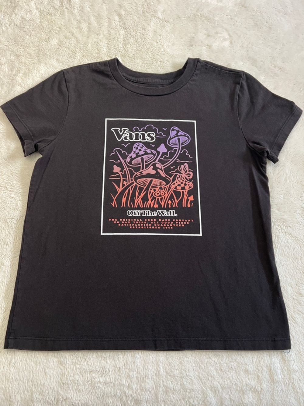 Women’s Vans Black Tee with Purple and Pink Mushroom Graphic. Size Medium.